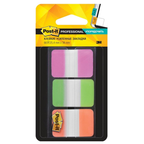 Закладки усиленные суперклейкие Post-it, 25 мм, 3 цвета: розовый, зеленый, оранжевый, по 22 шт.
